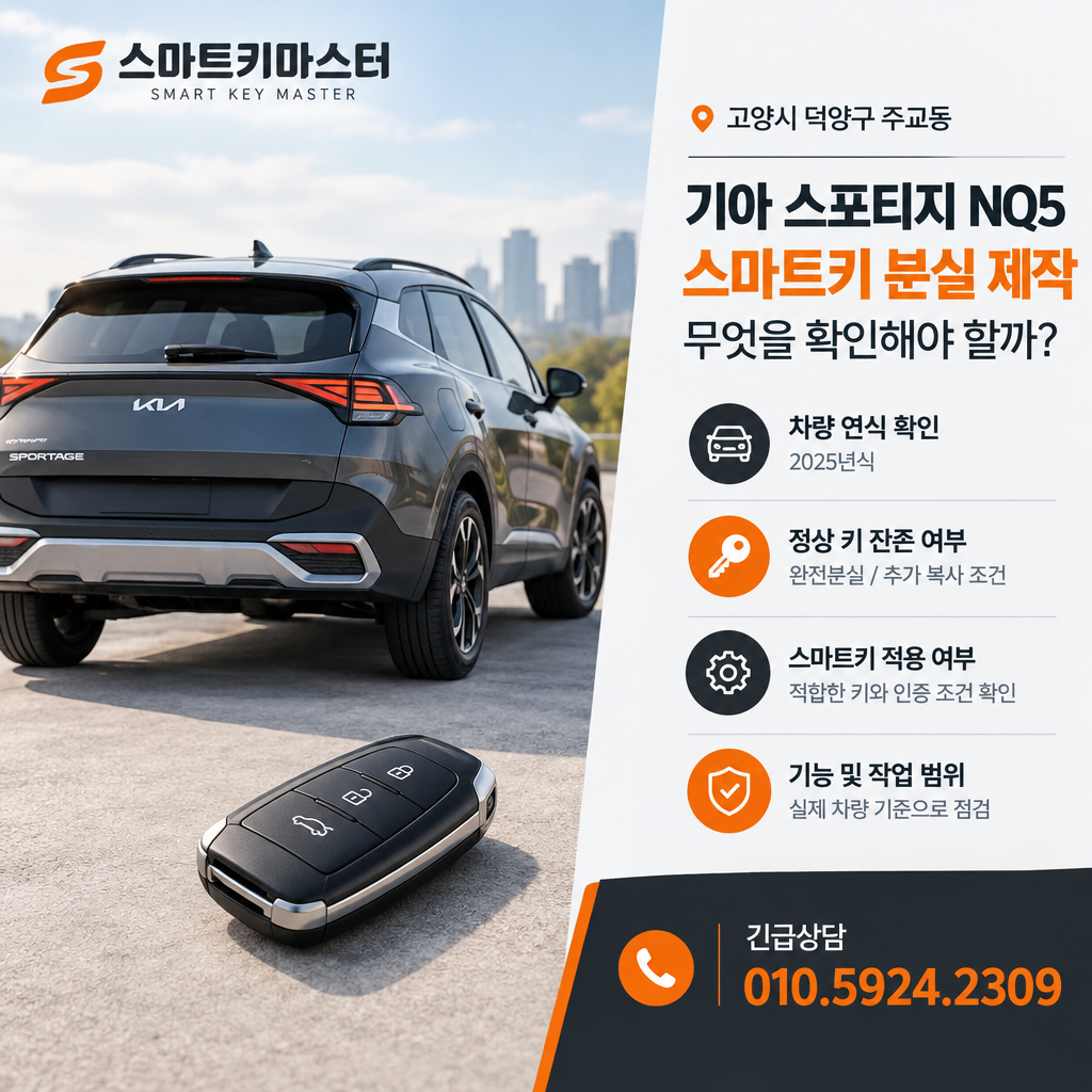 고양시 덕양구 주교동 2025년식 기아 스포티지 NQ5 스마트키 분실 제작, 무엇을 확인해야 할까?